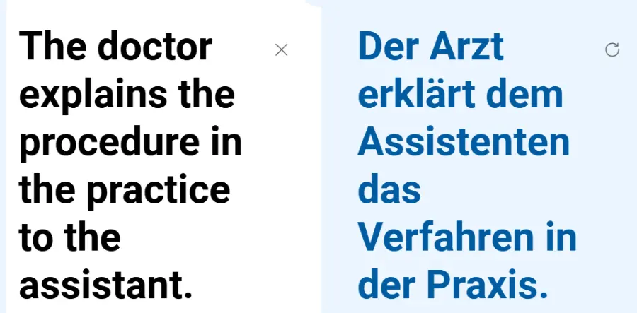 In den Screenshots vom 16. Dezember 2025 wurde jeweils auf Google Translate und auf DeepL der Satz „Die Ärztin erklärt dem Assistenten den Ablauf in der Praxis“ ins Englische und wieder zurück übersetzt.