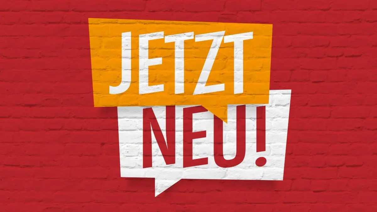 Illustration mit dem Schriftzug „Jetzt neu!“ auf rotem Hintergrund, symbolisiert eine Ankündigung oder Neuheit.