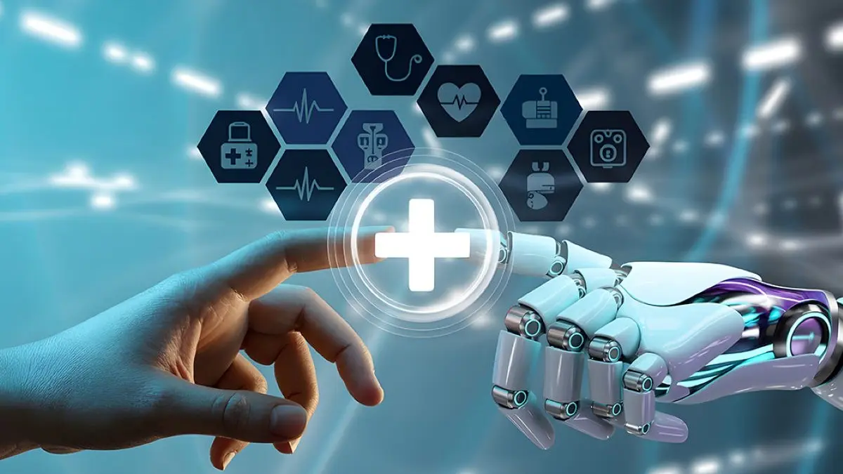 Illustration einer menschlichen Hand, die mit einer Roboterhand interagiert, um digitale medizinische Technologien zu symbolisieren.