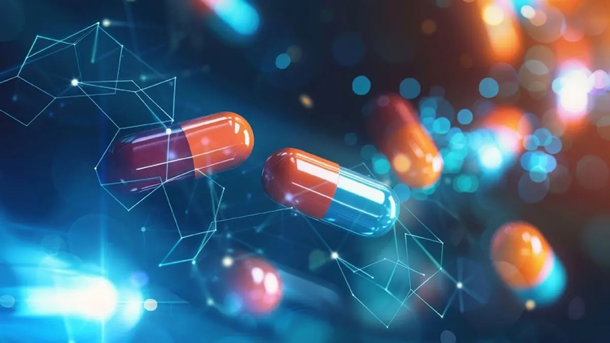 Illustration von Kapseln und technologischen Netzwerken, symbolisiert den Einsatz von KI in der Medizin und Pharmazie.