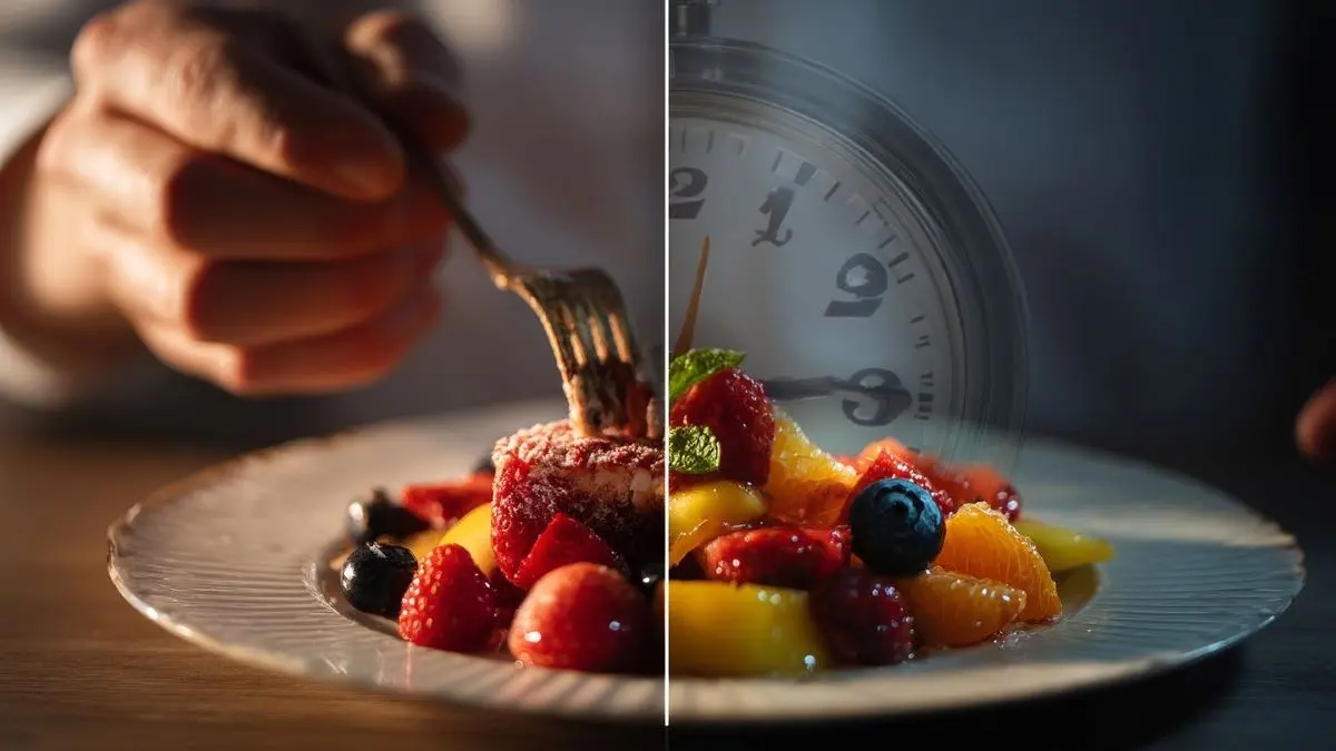 Ein Teller mit frischen Früchten und Gebäck, kombiniert mit einer Uhr, symbolisiert die Bedeutung von Ernährung und Zeitmanagement bei Prediabetes.