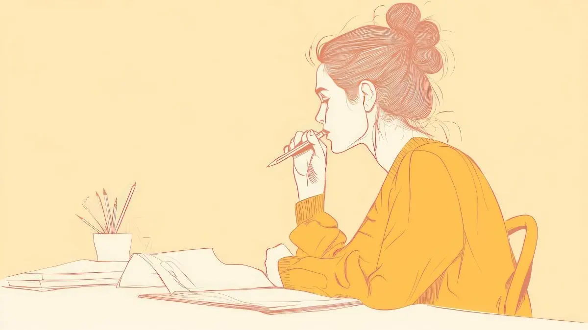 Illustration einer nachdenklichen Person am Schreibtisch mit Buch und Stift – Fortbildung hilft gegen Stigmatisierung in der Medizin