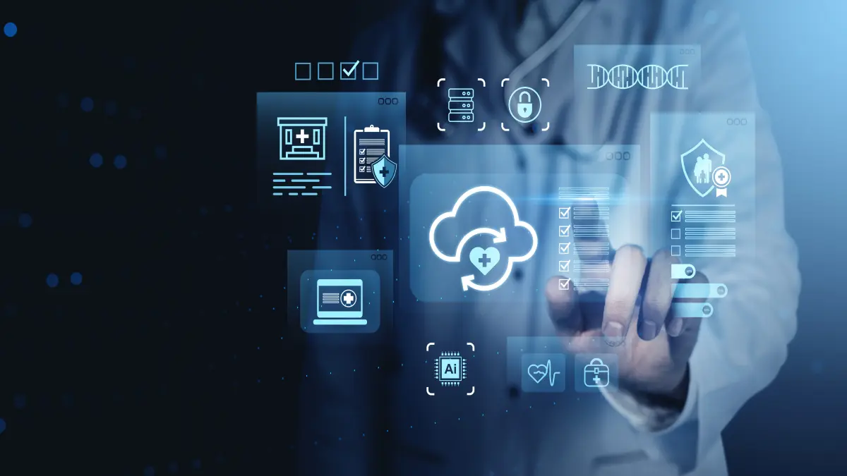 Symbolbild: Ärztliche Person tippt auf digitale Gesundheitsicons – KI-basierte Medizinprodukte und Cloud-Systeme