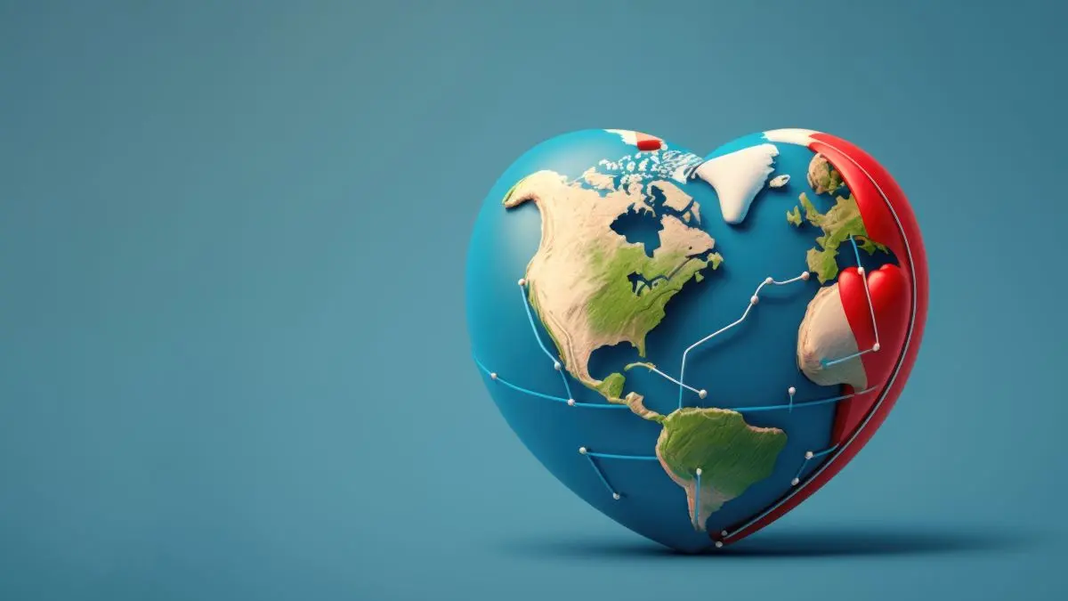 3D-Illustration eines herzfoermigen Globus – Symbol fuer klimaresiliente Medizin und gemeinsamen Einsatz fuer Klimaschutz im Gesundheitswesen