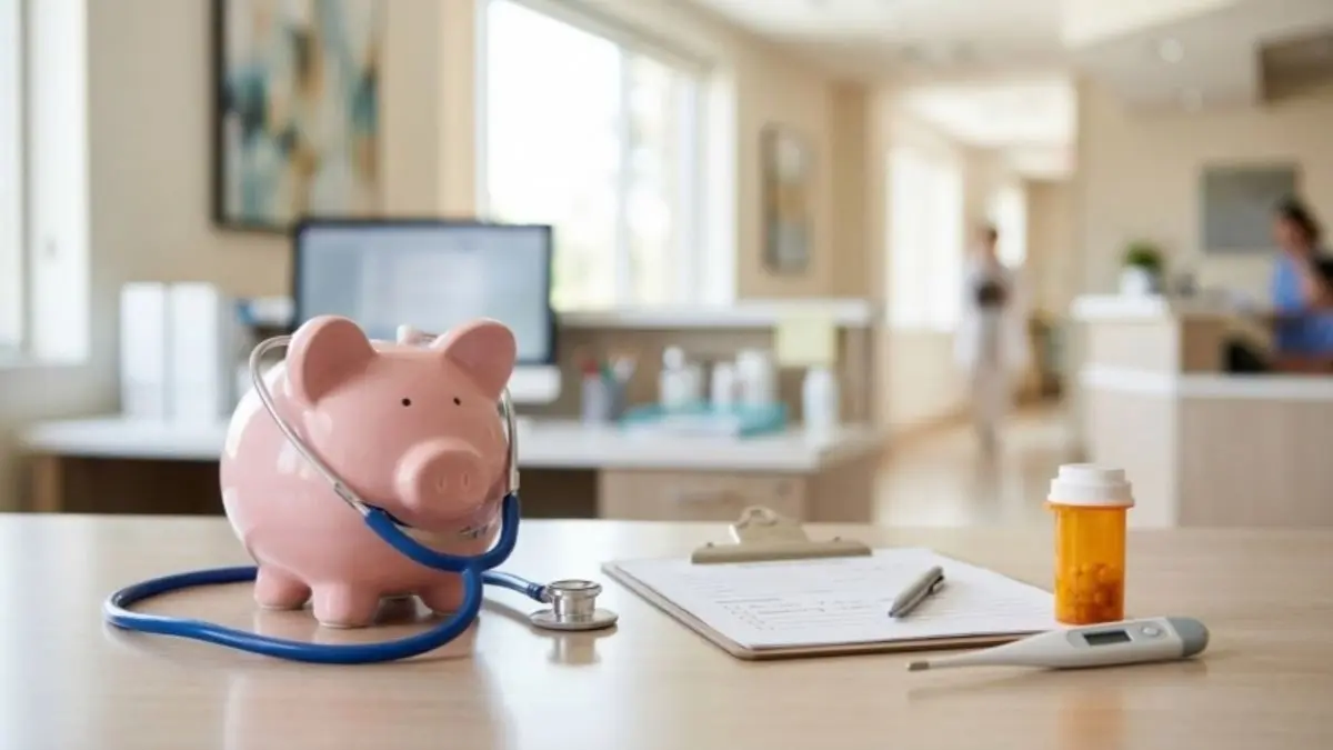 Sparschwein mit Stethoskop in Arztpraxis als Symbol fuer Kuerzungen im Gesundheitswesen