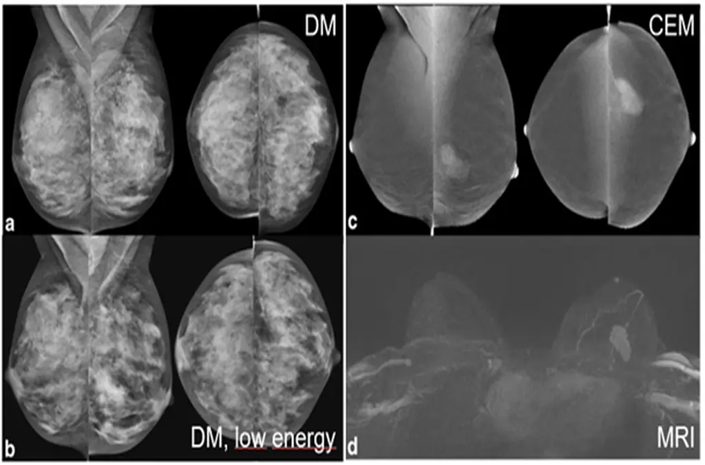 Vergleich bildgebender Verfahren zur Mammakarzinom-Früherkennung: Digitale Mammographie (DM), Kontrastmittel-Mammographie (CEM) und MRT (MRI)