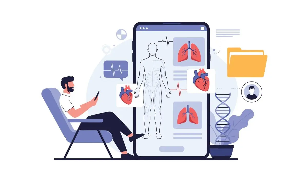 Illustration einer Person, die eine Gesundheits App nutzt, mit medizinischen Daten und Organ Grafiken auf einem grossen Smartphone Bildschirm