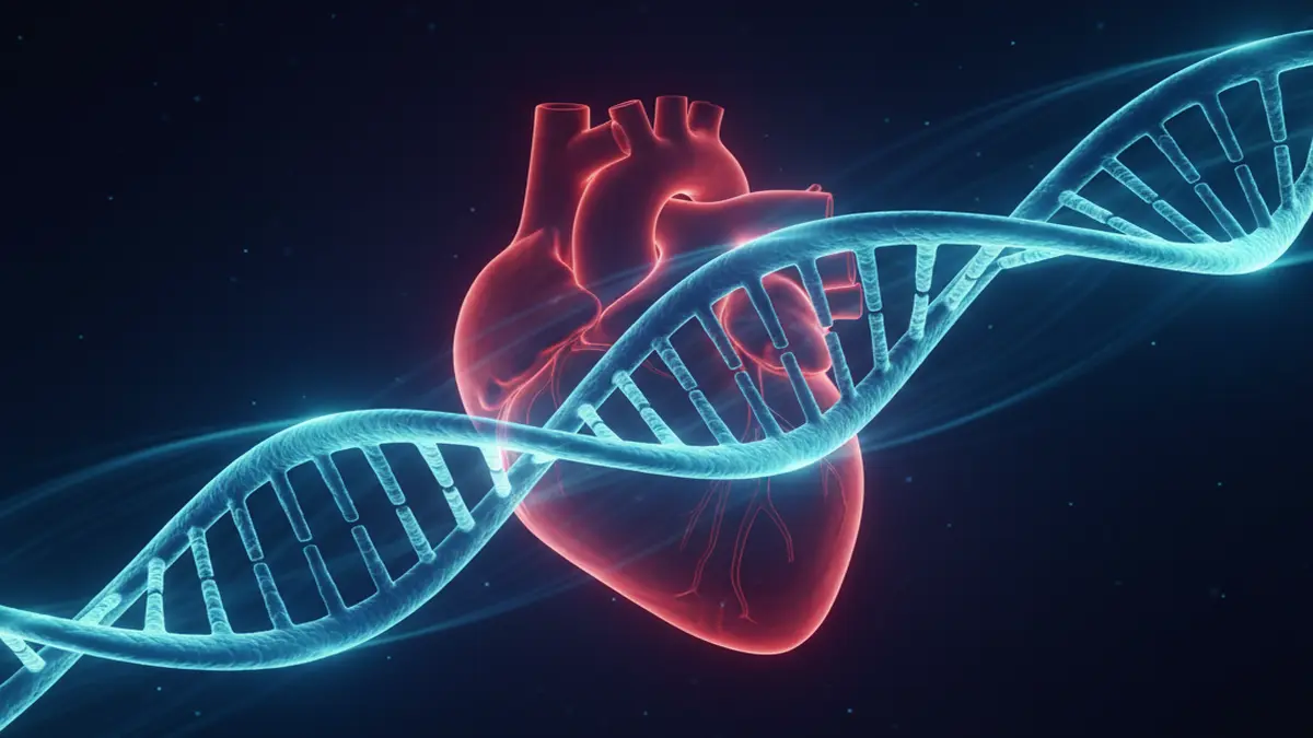 Leuchtende DNA-Doppelhelix mit Herzsilhouette – Symbol für genetische Steuerungsmechanismen bei Herzinsuffizienz