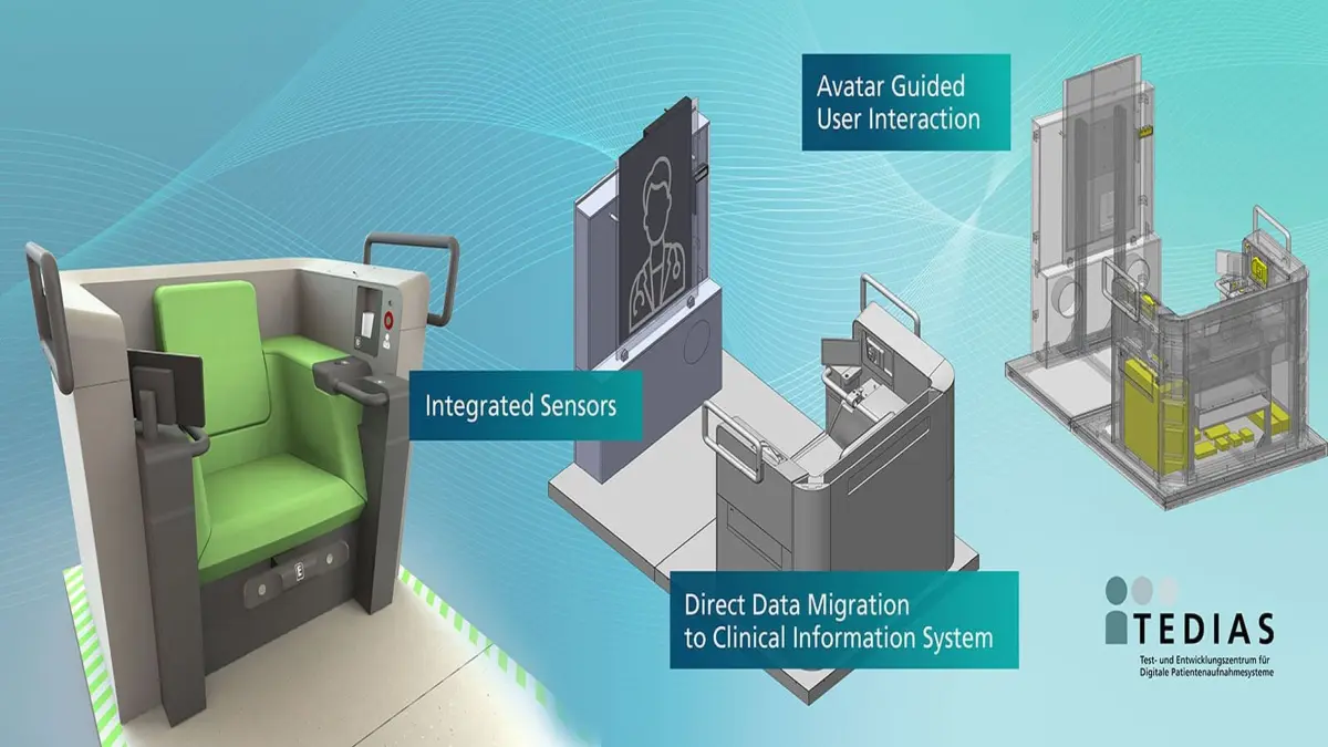 Digitale Aufnahmestation TEDIAS: Sessel mit integrierten Biosensoren und Avatar-Monitor für automatische Anamnese – Fraunhofer IPA