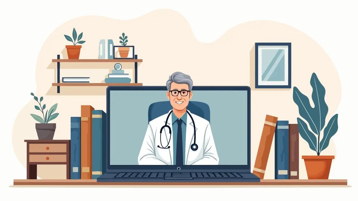 Illustration eines Arztes in einer Videokonsultation auf einem Laptop als Symbol fuer Telemedizin in der urologischen Niederlassung