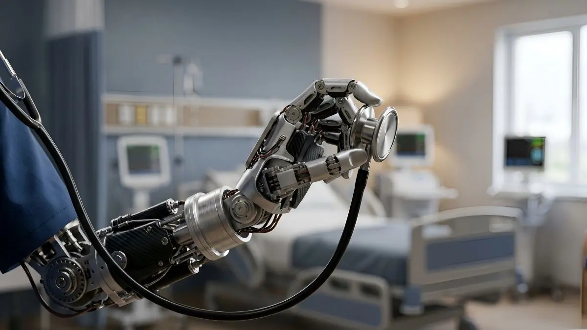 Robotischer Arm haelt ein Stethoskop in einem Klinikzimmer, Symbolbild fuer 20 Jahre urologische Robotik am Universitaetsklinikum Dresden