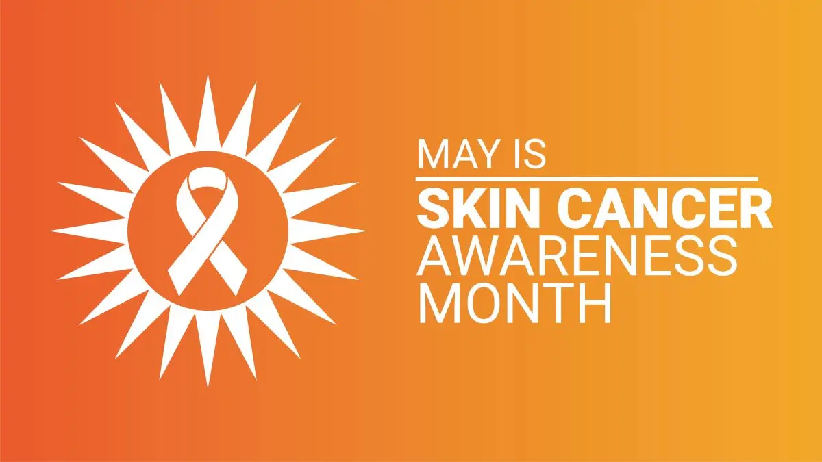 Grafik mit Schriftzug "Skin Cancer Awareness Month" und orangefarbener Schleife, Symbolbild fuer Aktionsmonat Mai gegen Hautkrebs