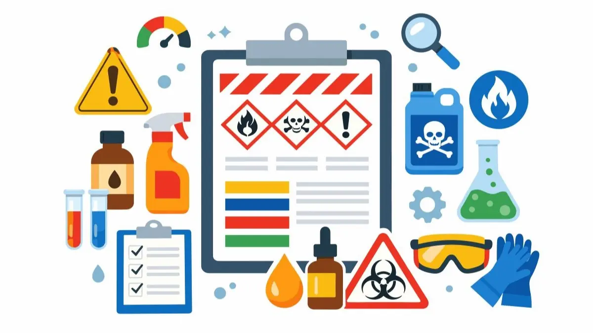 Illustration mit Gefahrstoffsymbolen, Chemikalien und Schutzausruestung, Symbolbild fuer berufliche Exposition als Risikofaktor fuer Tumoren der harnableitenden Wege