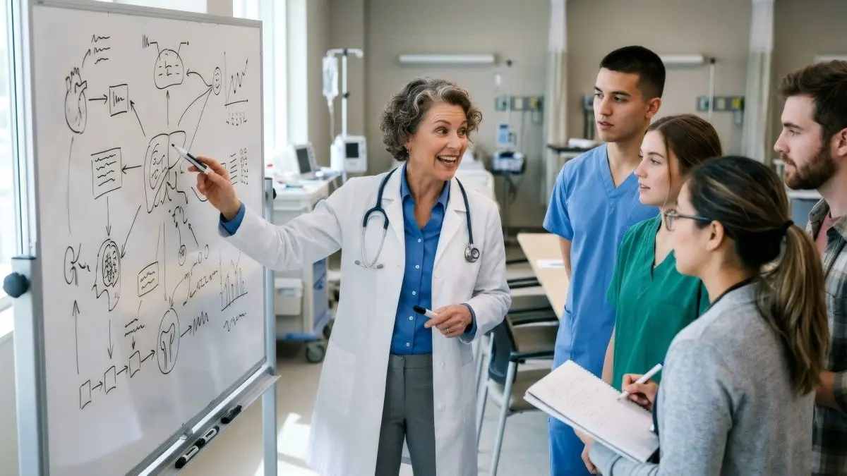 Medizinische Fachperson erklaert Inhalte an einem Whiteboard vor einer Gruppe, Symbolbild fuer aerztliche Weiterbildung die durch GKV Reform gefaehrdet ist