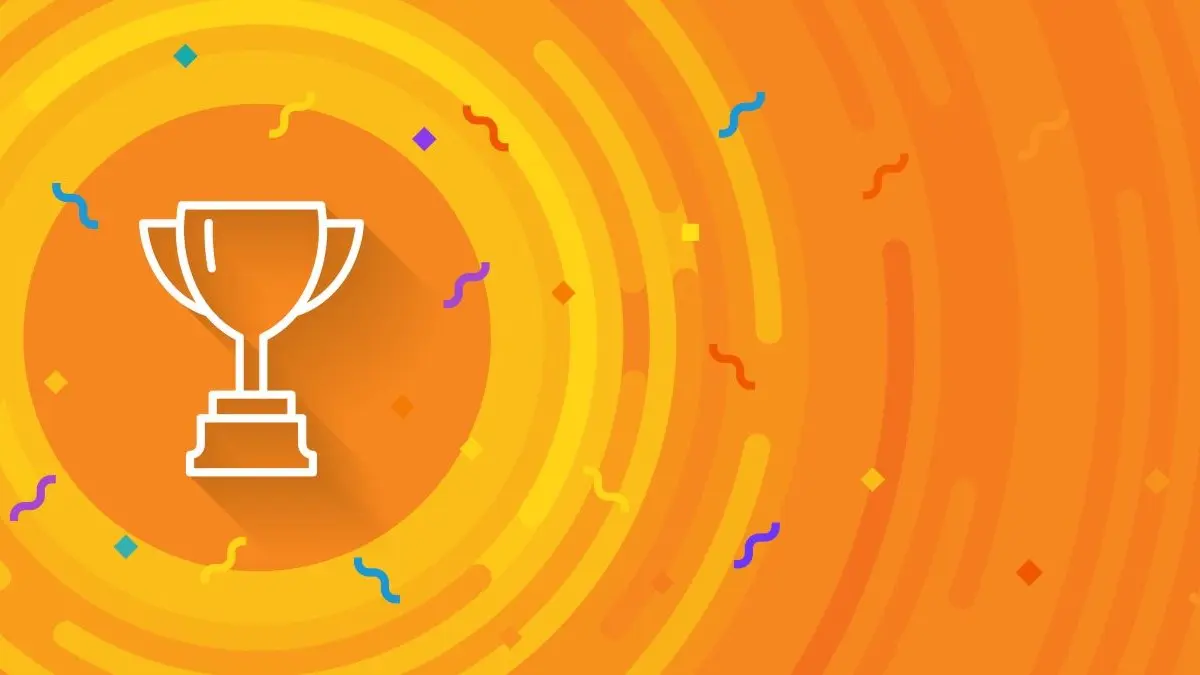 Illustration mit Pokal und Konfetti, Symbolbild fuer Gewinner und Videos bei der DERM 2026