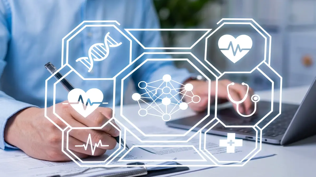 Arzt arbeitet am Laptop mit digitalen Symbolen für KI, Herzmedizin und Vernetzung