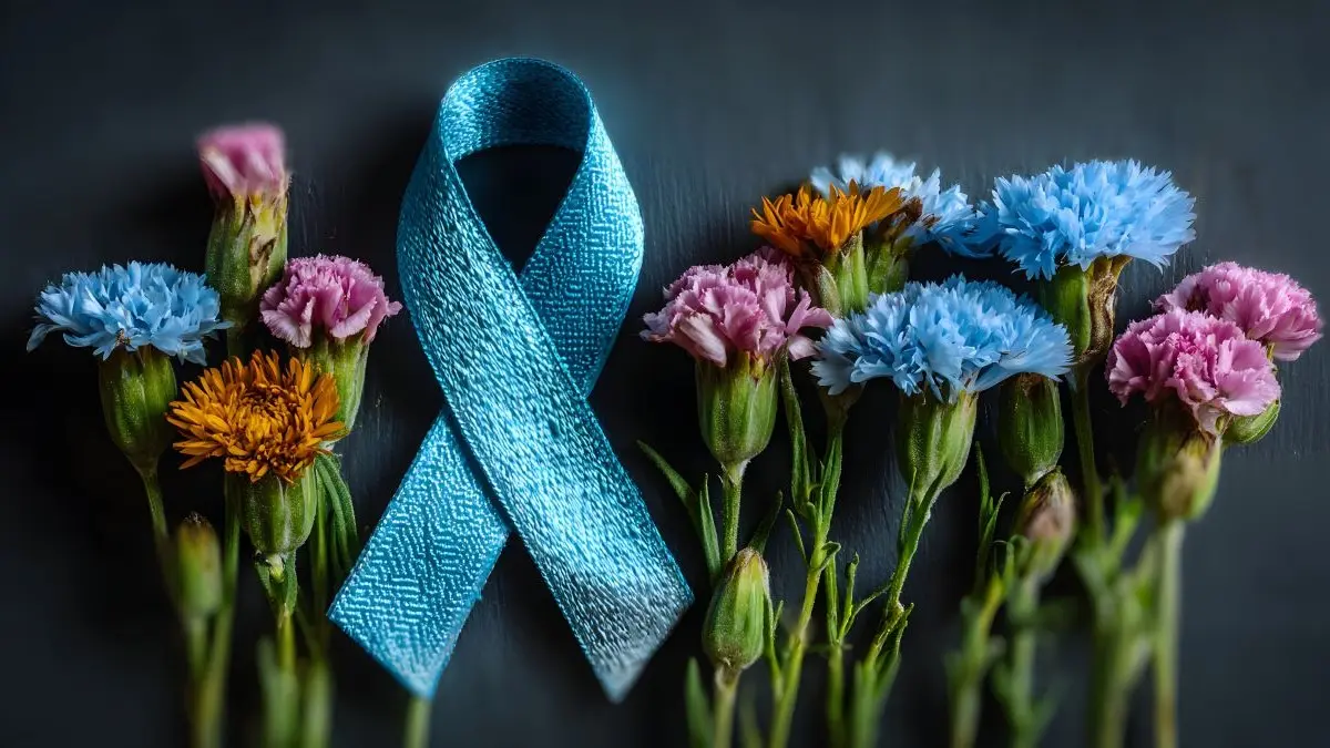 Türkises Band mit Blumen symbolisiert Ovarialkarzinom, Diagnose, Behandlung und Awareness.
