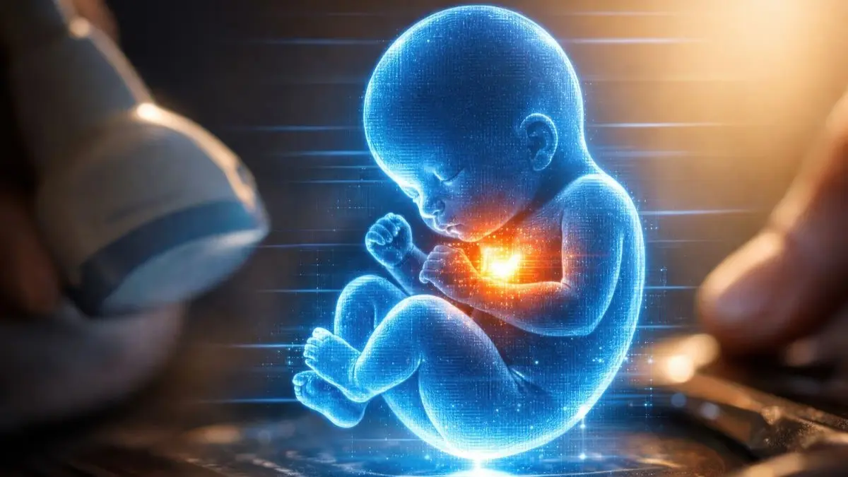 Illustration eines Fetus mit hervorgehobener Herzregion, Symbolbild fuer praenatales Herz Screening
