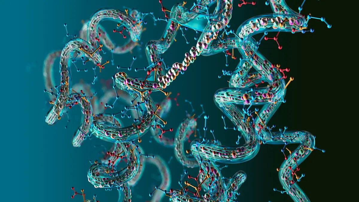 3d darstellung von proteinen und dna strang bei krebszellermuedung