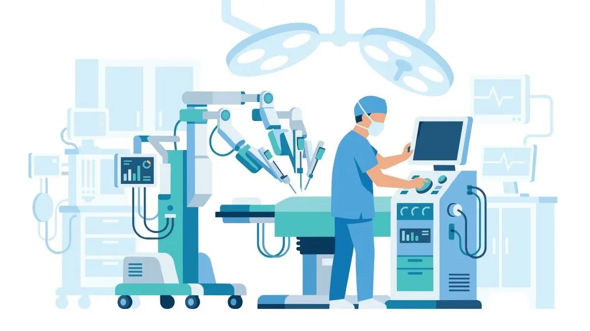 Illustration einer robotisch-assistierten Operation mit OP-Roboter und Konsole, Symbolbild fuer robotisch-assistierte urologische Chirurgie