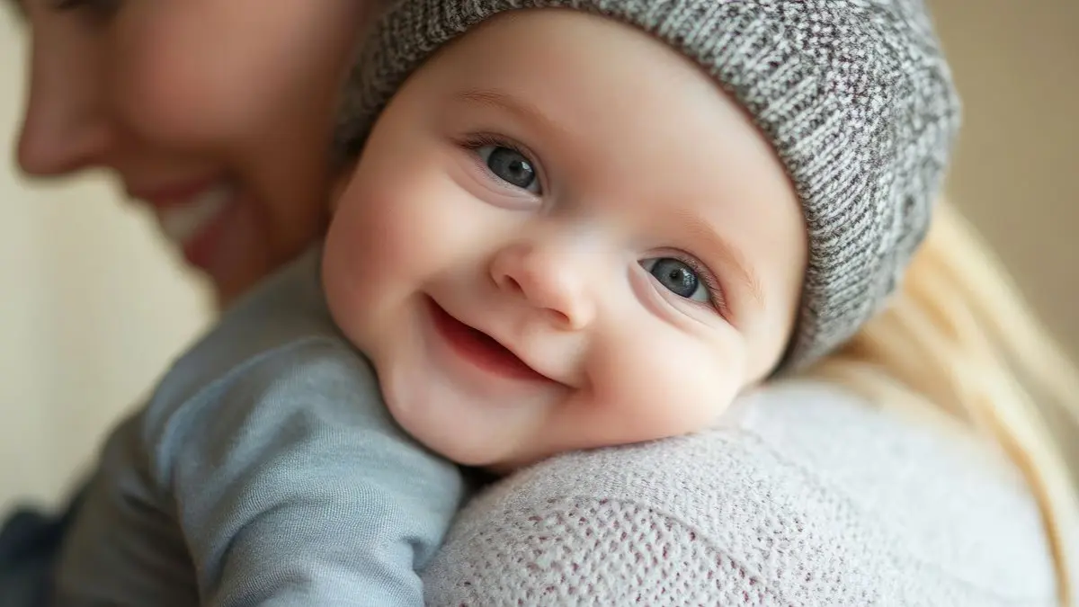 Laechelndes Baby mit Muetze liegt entspannt auf der Schulter einer erwachsenen Person, Symbolbild fuer zielgerichtete Behandlung von Kleinkindern mit CSU