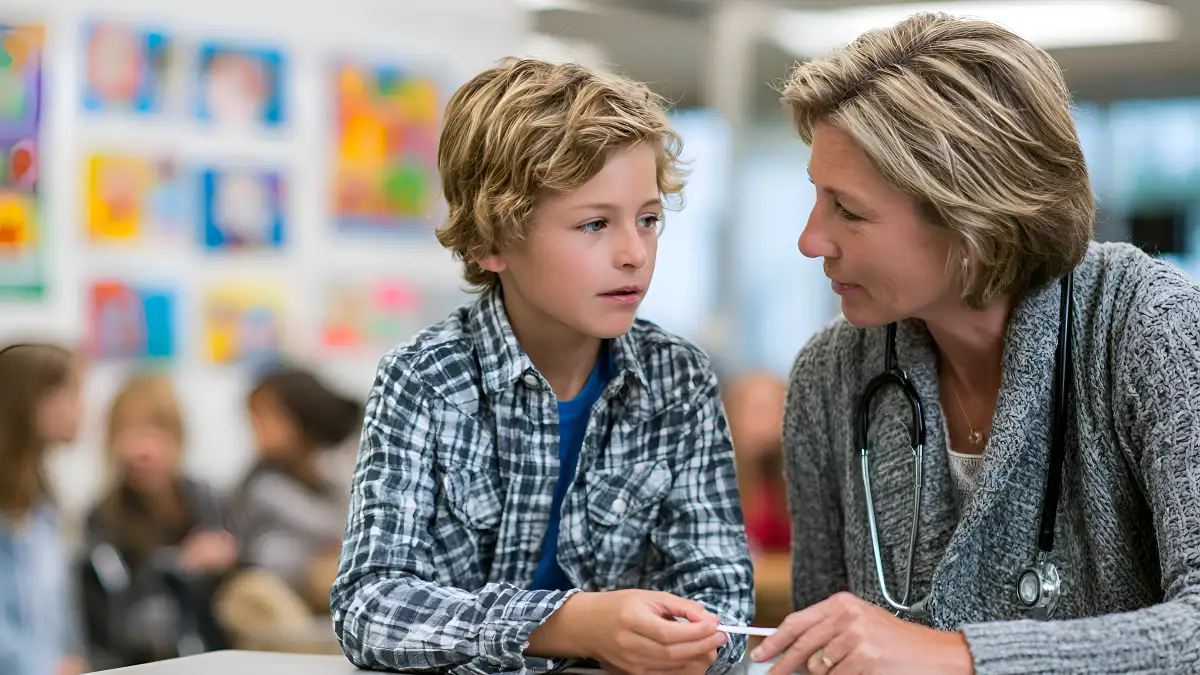 Eine Schulkrankenschwester mit einem Stethoskop um den Hals spricht mit einem Jungen in der Schule.