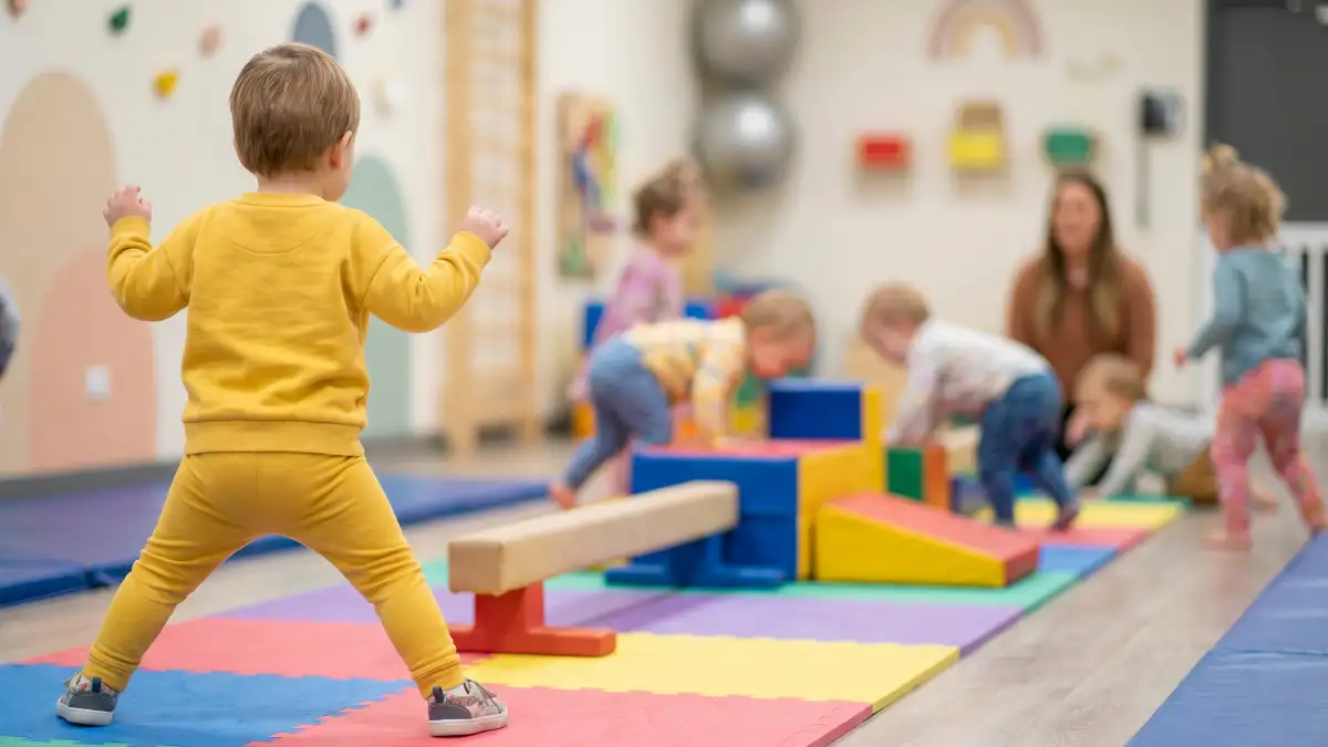 Kindergartenkinder machen spielerisch Sport in einer Einrichtung.