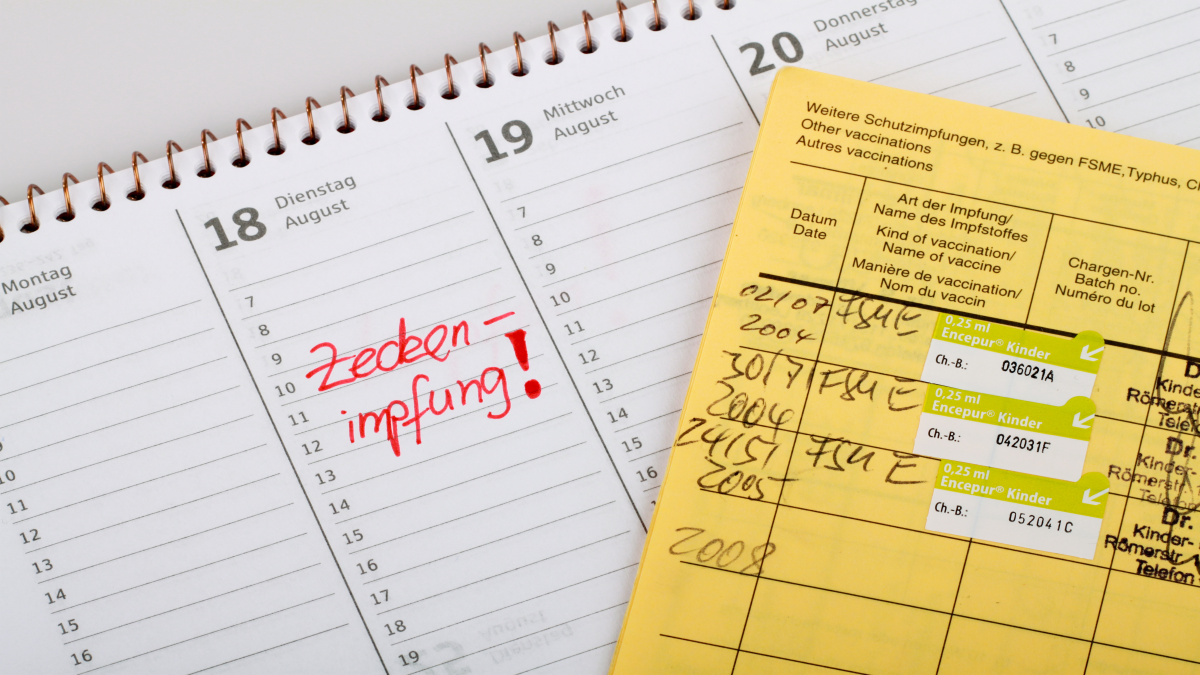 kalener mit Aufschrift Zeckenimpfung und Impfpass mit FSME Impfungem