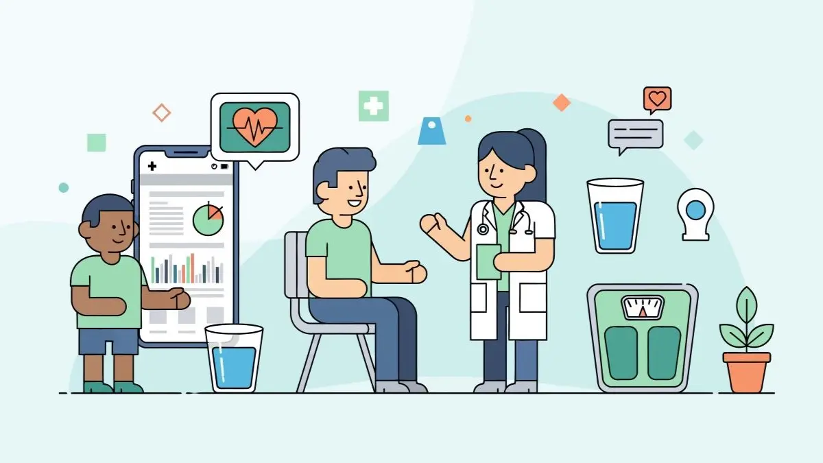 Illustration einer Gesundheitsapp auf dem Smartphone und aerztlicher Beratung als Symbol dafuer, dass eine Smartphone Anwendung Maennern hilft laenger durchzuhalten