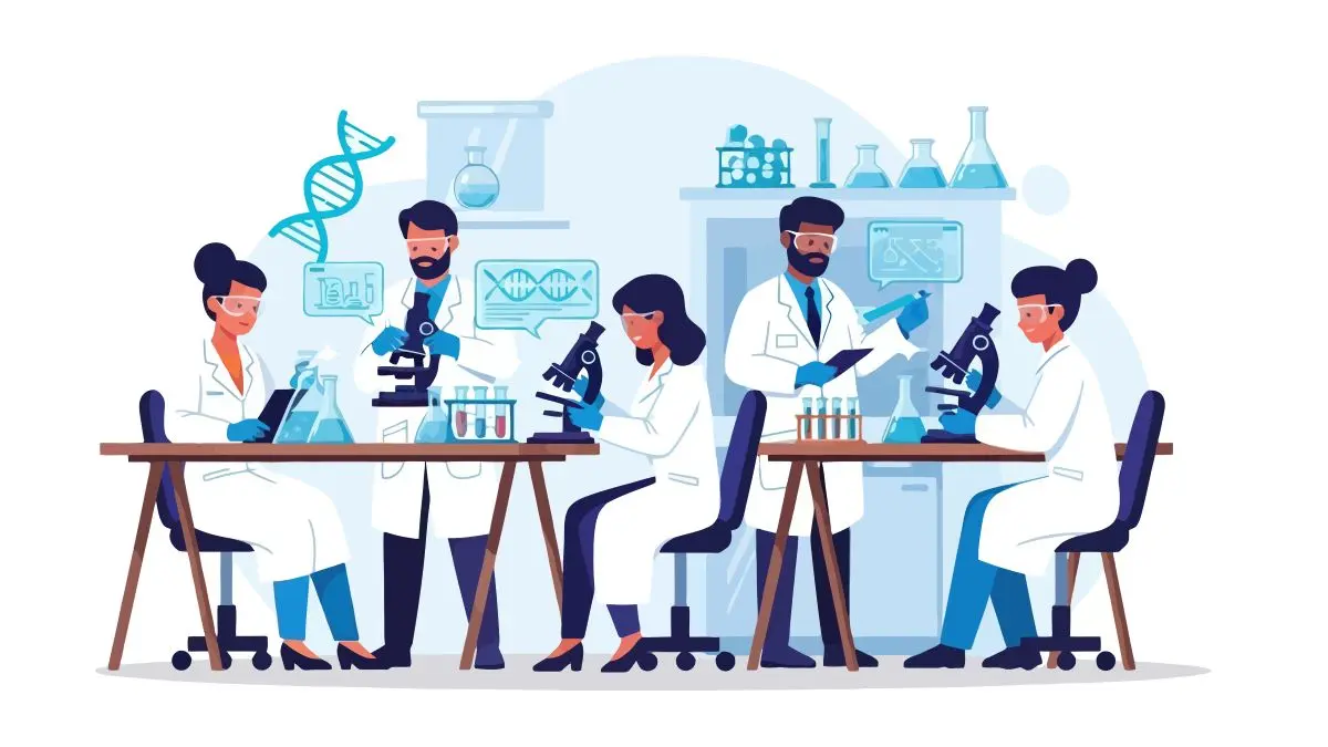 Forschungsteam im Labor mit Mikroskopen und DNA Symbolen als Illustration fuer den von der DFG gefoerderten andrologischen Sonderforschungsbereich in Muenster