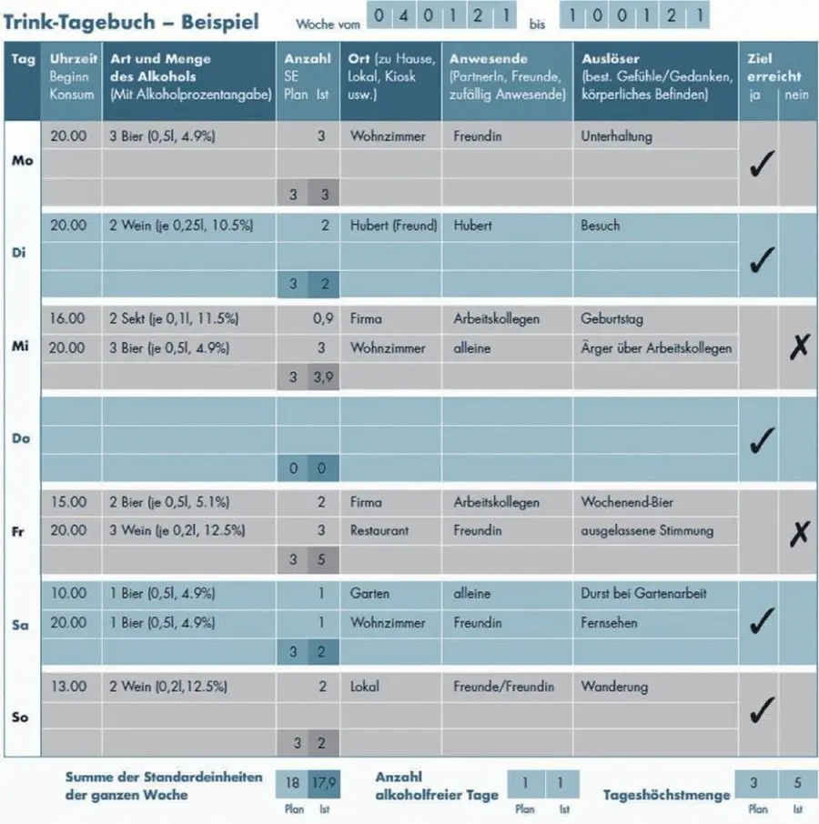 Abb.: Exemplarisch ausgefülltes Trinktagebuch