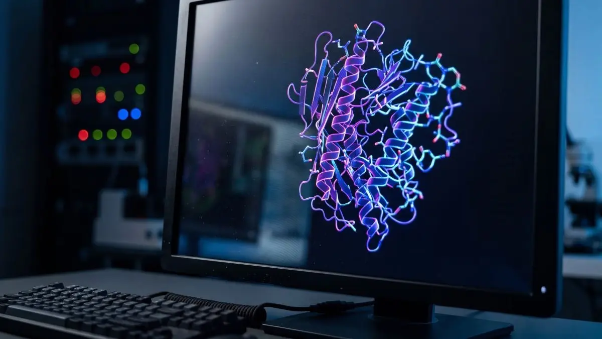 Computervisualisierung eines Proteins für KI-Forschung zu Wirkstoffen gegen TNBC.