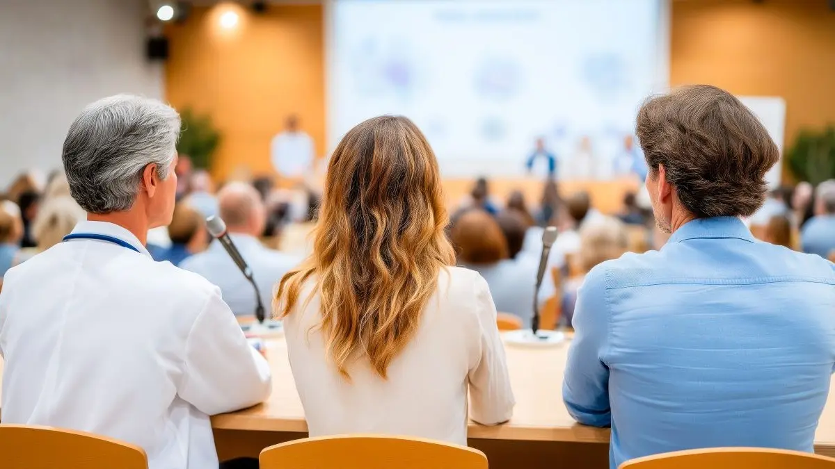 Aerztliches Podium bei einer Konferenz als Symbol fuer Verbaende, die ein Modell fuer Belegarzt 2.0 entwickeln