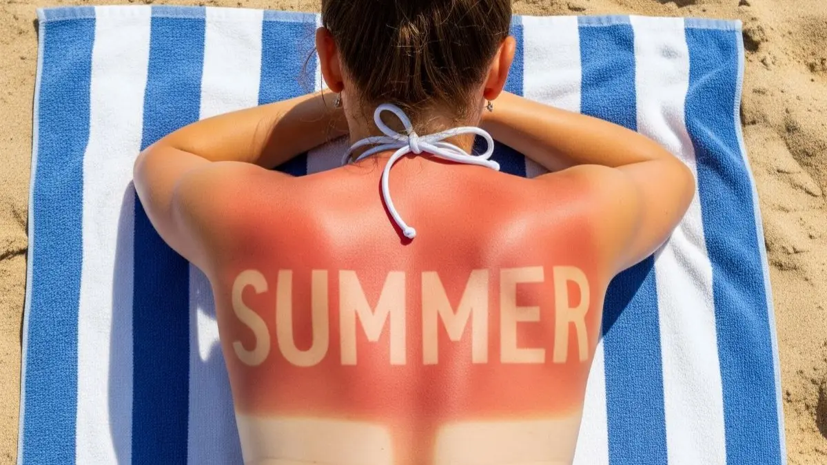 Frau liegt am Strand mit starkem Sonnenbrand und hellem Schriftzug SUMMER am Ruecken als Beispiel fuer gefaehrliche Sonnen Tattoos