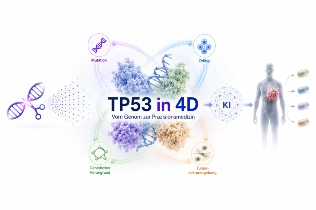 TP53in4D Projektgrafik mit DNA, Zellen, KI und menschlicher Silhouette zur Praezisionsmedizin